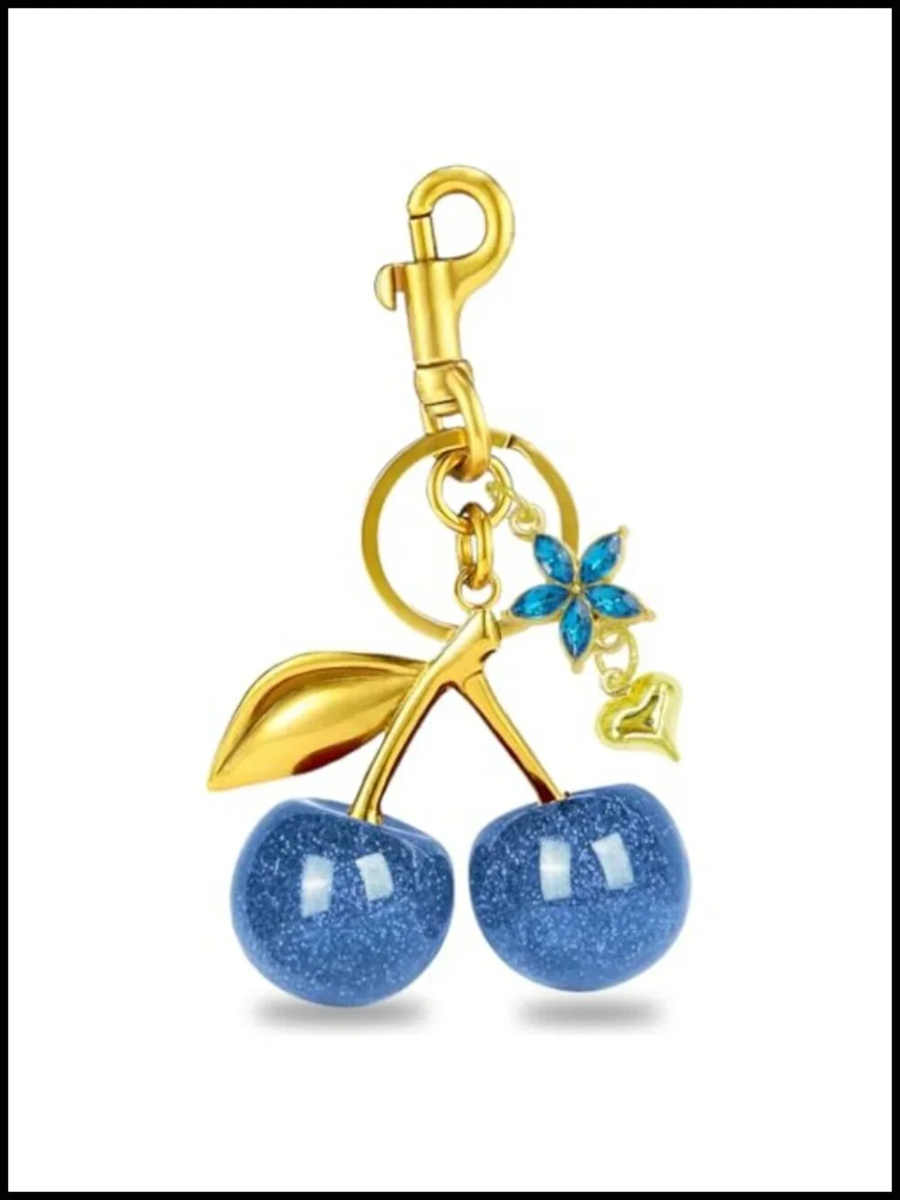 Cherry Bag Charm Keychain Gold Tone Crystal Flower Lobster Clasp Tote Purse